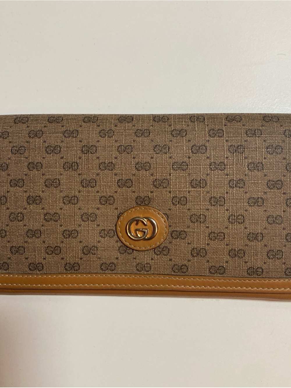 Vintage Y2K Gucci GG Brown Monogram Fold-Over Clutch with Tan Leather Trim